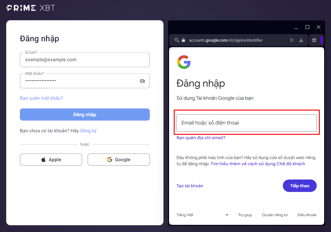 Đăng nhập PrimeXBT qua tài khoản Google.