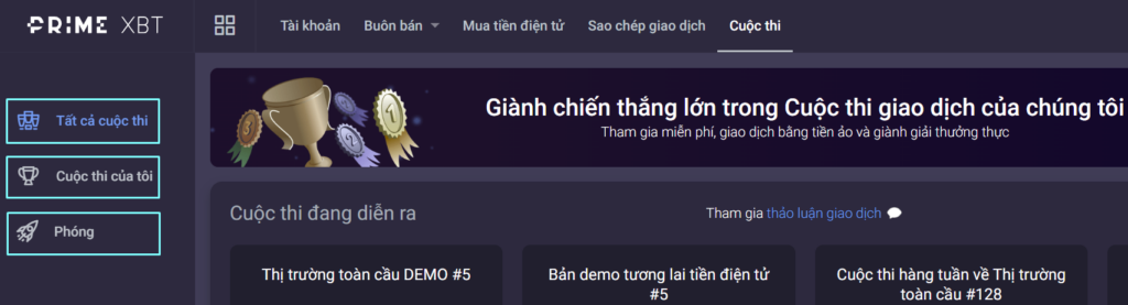 Giao diện web cuộc thi PrimeXBT.