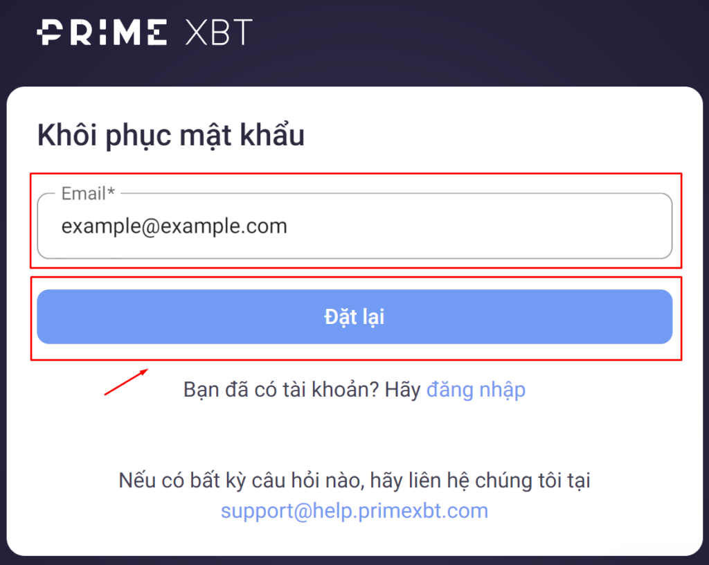 Khôi phục mật khẩu PrimeXBT.